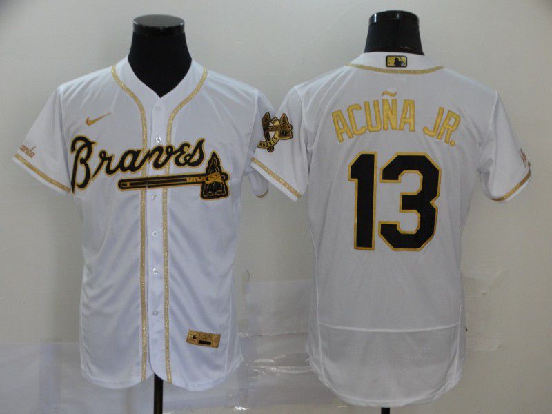 Men Atlanta Braves #13 Acuna jr White Retro gold character Nike Elite MLB Jerseys->los angeles dodgers->MLB Jersey